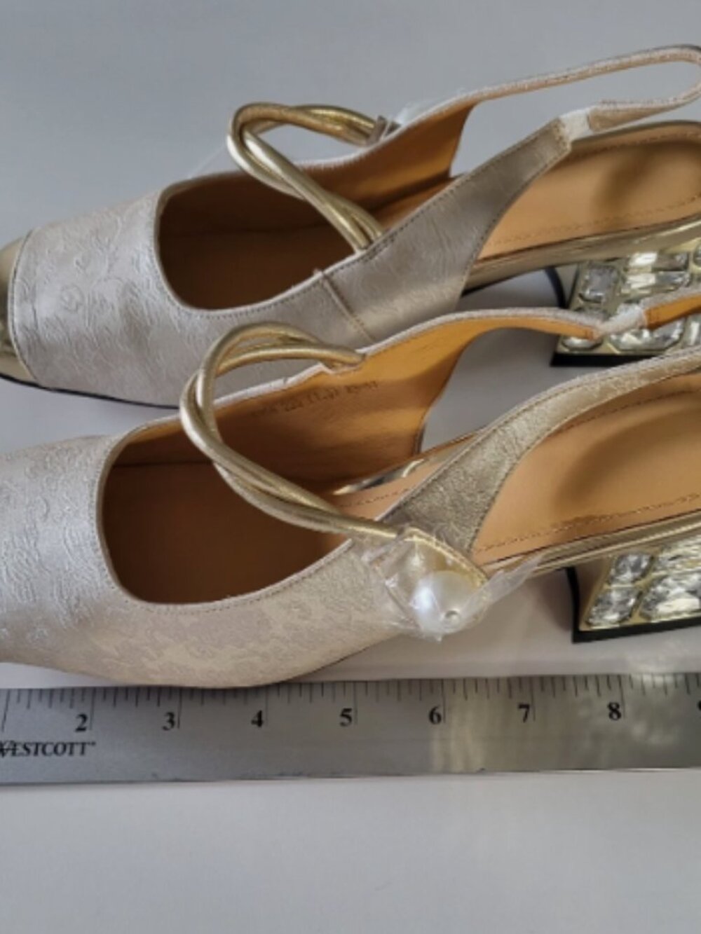 Women’s Ivory/Gold Floral Slingback Block Heels Square Toe Rhinestone US 7.5M - Picture 7 of 13